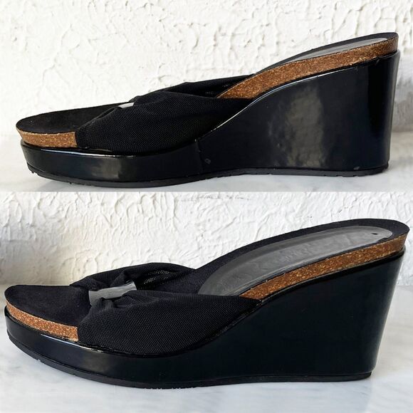 Donald J Pliner Black Slip On Wedge Sandal-Fabric & Patent Leather-Women's 7.5M - Picture 4 of 9